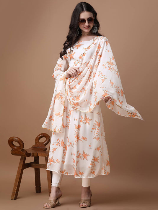Printed Georgette Calf Length Floral Summer Dress With Dupatta - thevendorvilla