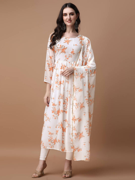 Printed Georgette Calf Length Floral Summer Dress With Dupatta - thevendorvilla