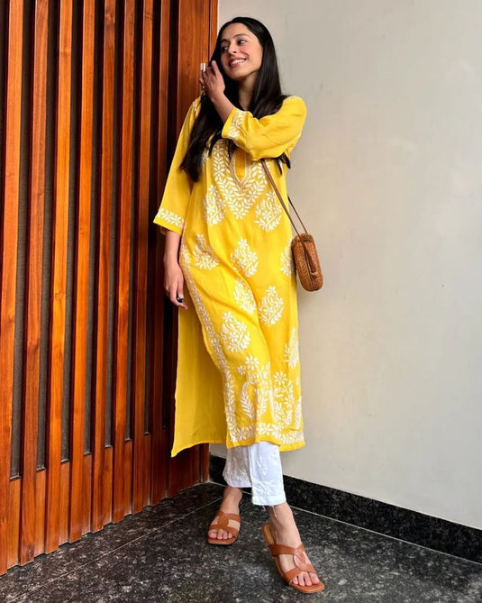 New Exclusive Rayon Chickenkari Embroidered Kurti Design