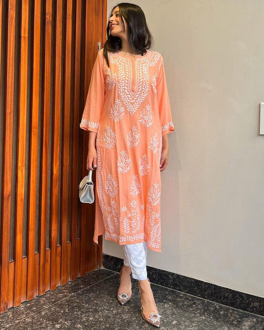 New Exclusive Rayon Chickenkari Embroidered Kurti Design