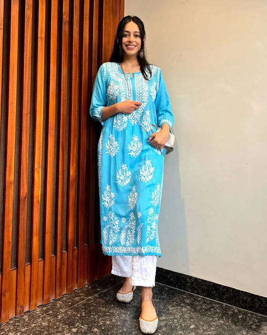 New Exclusive Rayon Chickenkari Embroidered Kurti Design