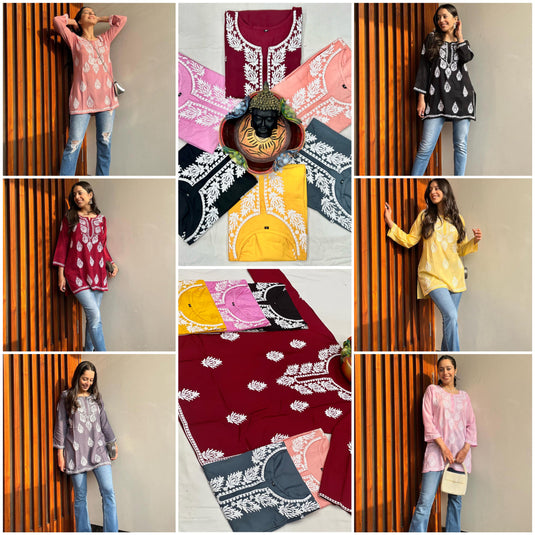 Rayon With Chikankari Embroidery Work Short Kurti