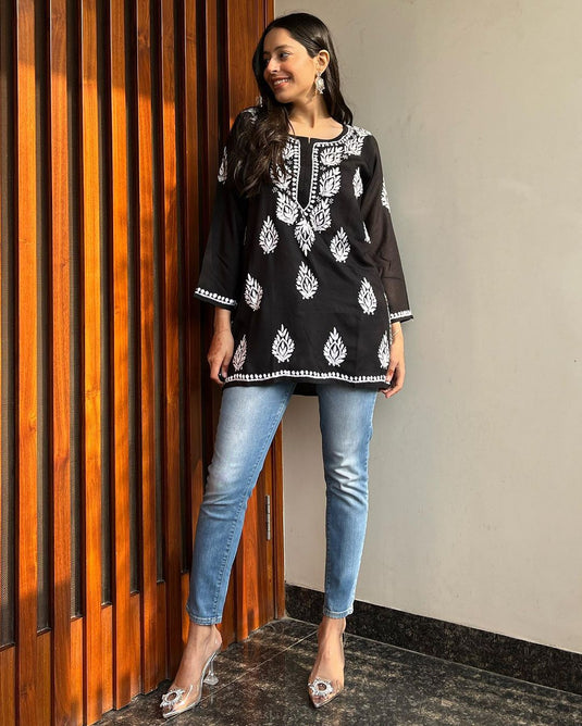 Rayon With Chikankari Embroidery Work Short Kurti