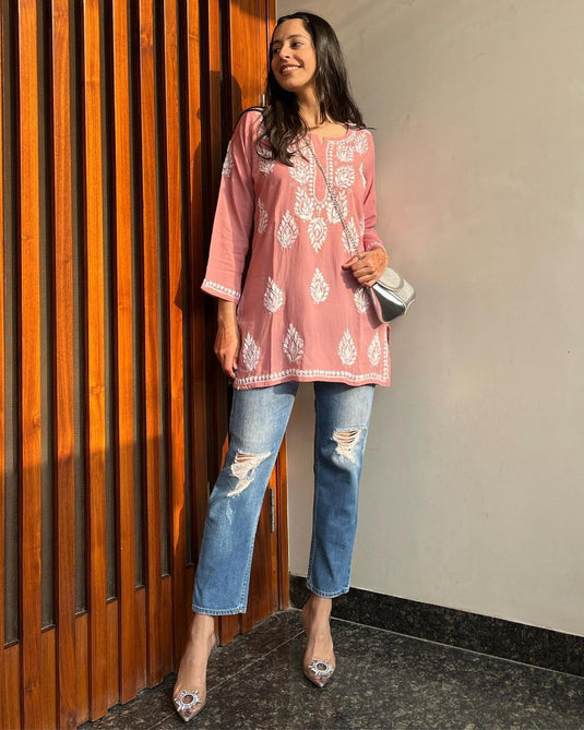 Rayon With Chikankari Embroidery Work Short Kurti