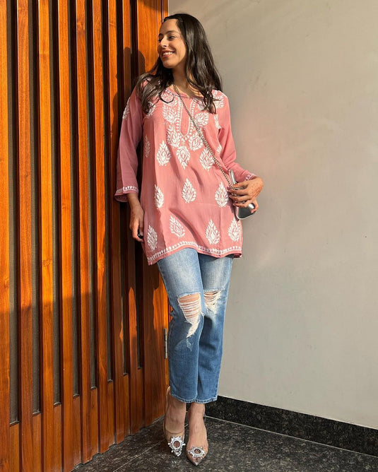 Rayon With Chikankari Embroidery Work Short Kurti