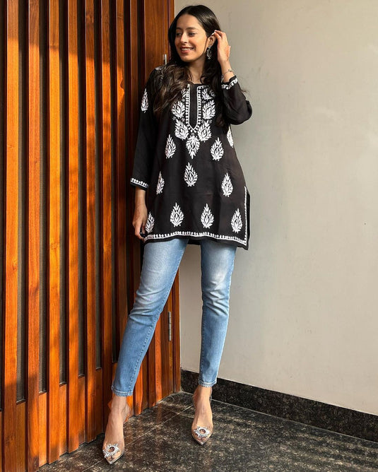 Rayon With Chikankari Embroidery Work Short Kurti