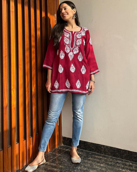 Rayon With Chikankari Embroidery Work Short Kurti