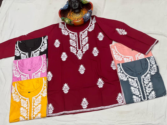 Rayon With Chikankari Embroidery Work Short Kurti