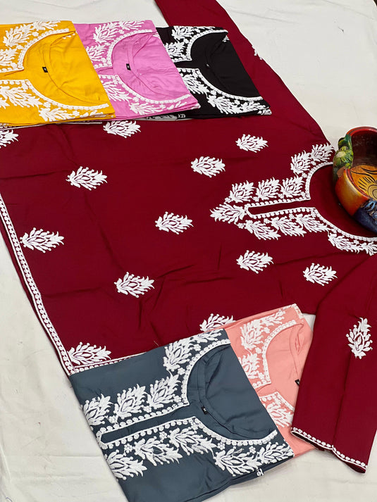 Rayon With Chikankari Embroidery Work Short Kurti