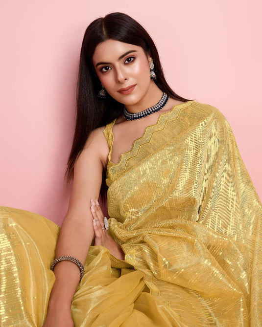 Silver Twill Net fabric With Sequins ork and Sequence Work Cut Border