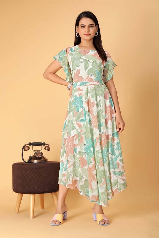 The Vendorvilla Printed Georgette Fancy Calf Length Dress For Women - thevendorvilla