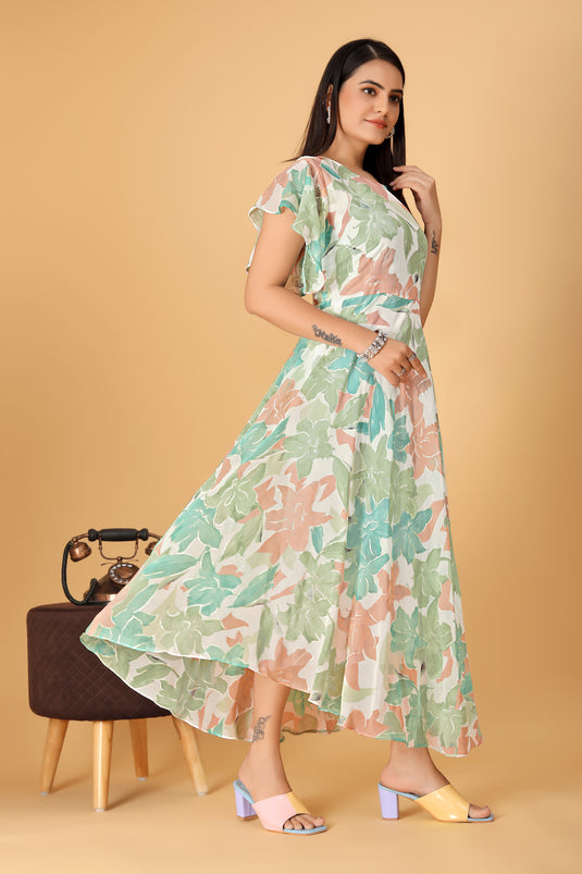 The Vendorvilla Printed Georgette Fancy Calf Length Dress For Women - thevendorvilla