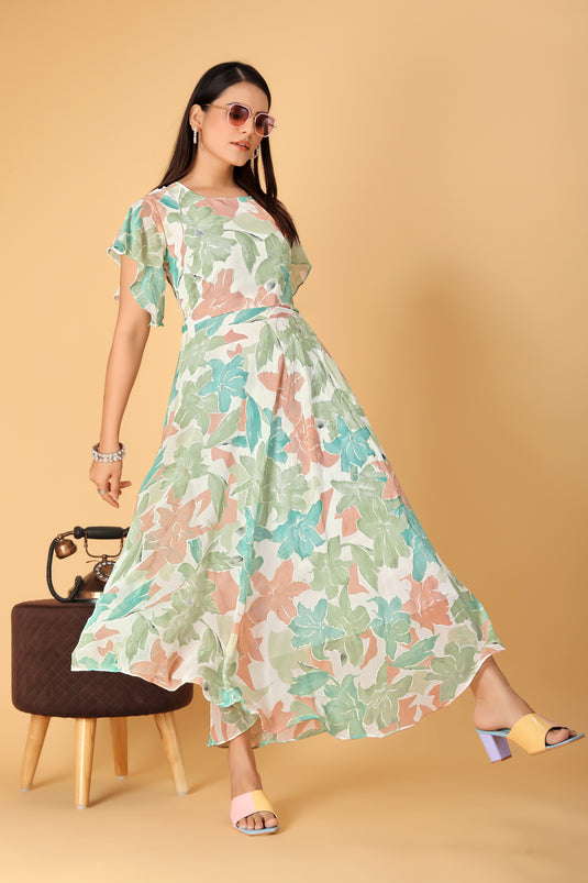 The Vendorvilla Printed Georgette Fancy Calf Length Dress For Women - thevendorvilla