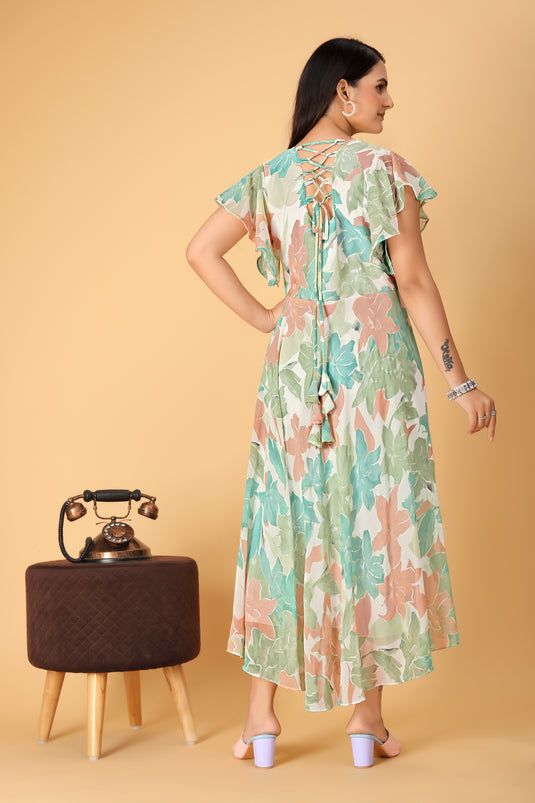 The Vendorvilla Printed Georgette Fancy Calf Length Dress For Women - thevendorvilla