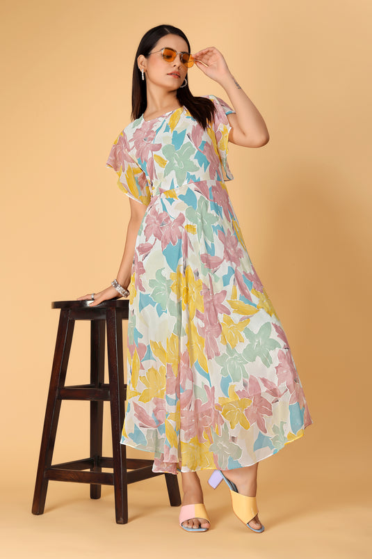 The Vendorvilla Printed Georgette Fancy Calf Length Dress For Women - thevendorvilla