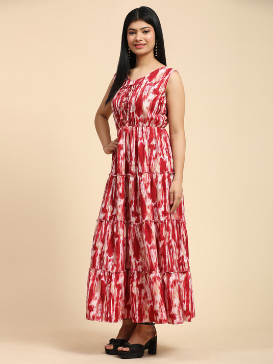 Tie Dyed Rayon Fancy Calf Length A-Line Sleeveless Dress For Women