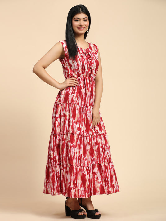 Tie Dyed Rayon Fancy Calf Length A-Line Sleeveless Dress For Women