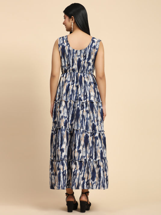 Tie Dyed Rayon Fancy Calf Length A-Line Sleeveless Dress For Women