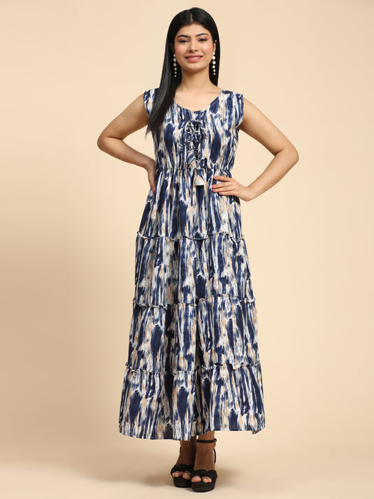 Tie Dyed Rayon Fancy Calf Length A-Line Sleeveless Dress For Women