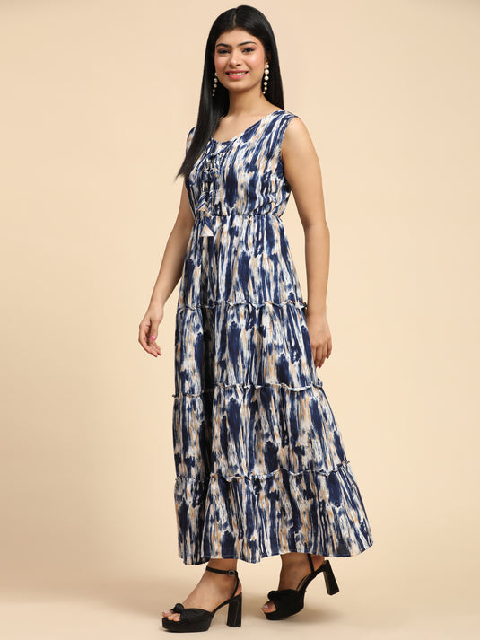 Tie Dyed Rayon Fancy Calf Length A-Line Sleeveless Dress For Women