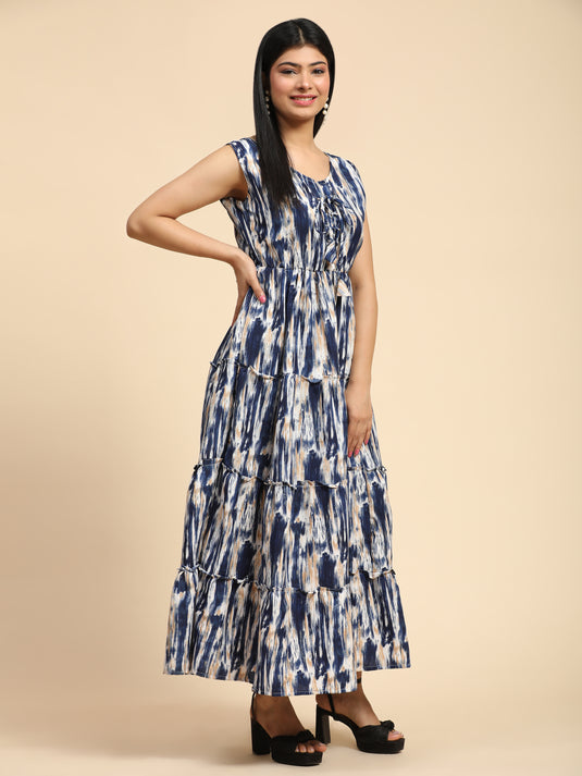 Tie Dyed Rayon Fancy Calf Length A-Line Sleeveless Dress For Women