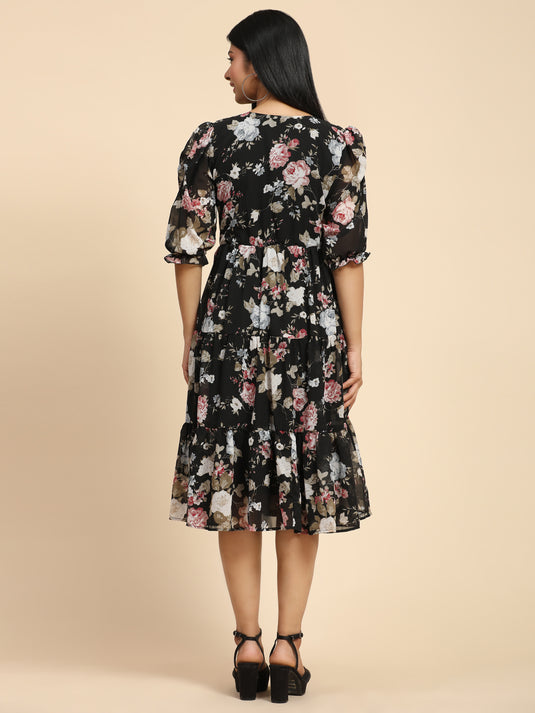 Georgette Floral Calf Length A-Line Dress For Women