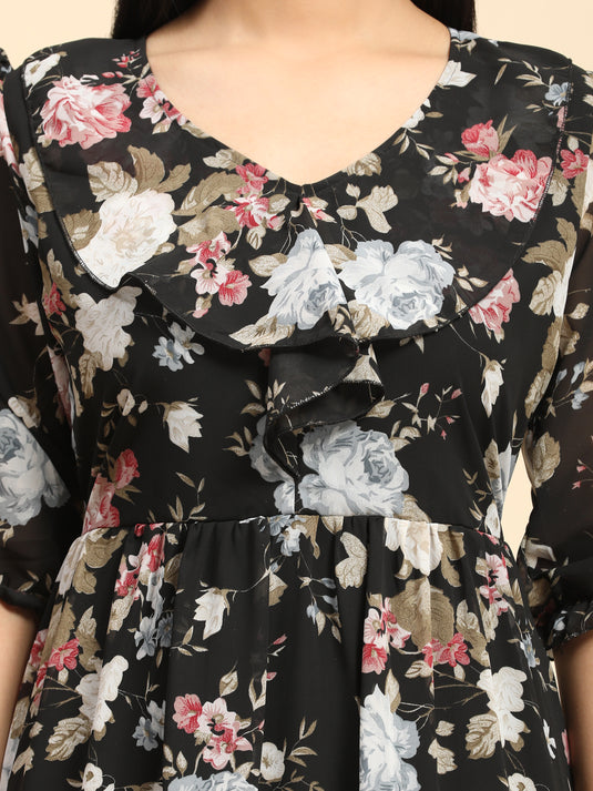 Georgette Floral Calf Length A-Line Dress For Women