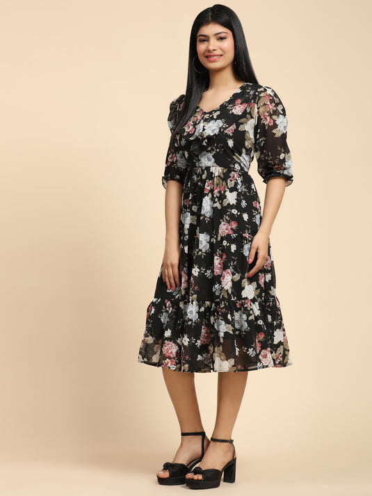 Georgette Floral Calf Length A-Line Dress For Women