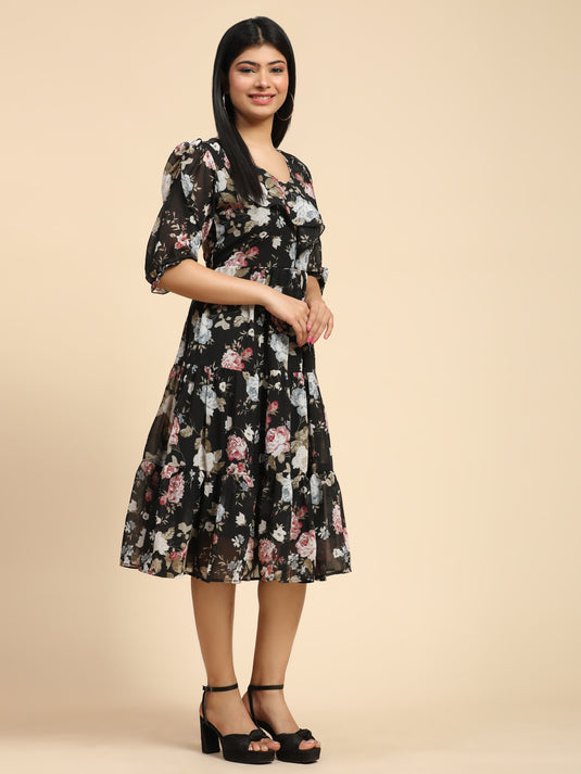 Georgette Floral Calf Length A-Line Dress For Women