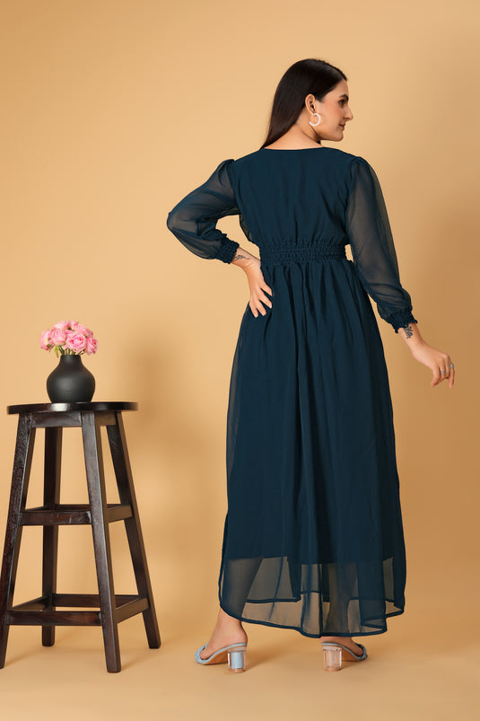 The Vendor Villa Printed V Neck Georgette Fancy Teal Green Color Full Length Dress For Women - thevendorvilla