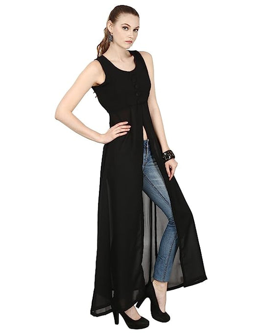 The Vendorvilla Long Plain Front Slit Fancy Georgette Kurti For Women - thevendorvilla