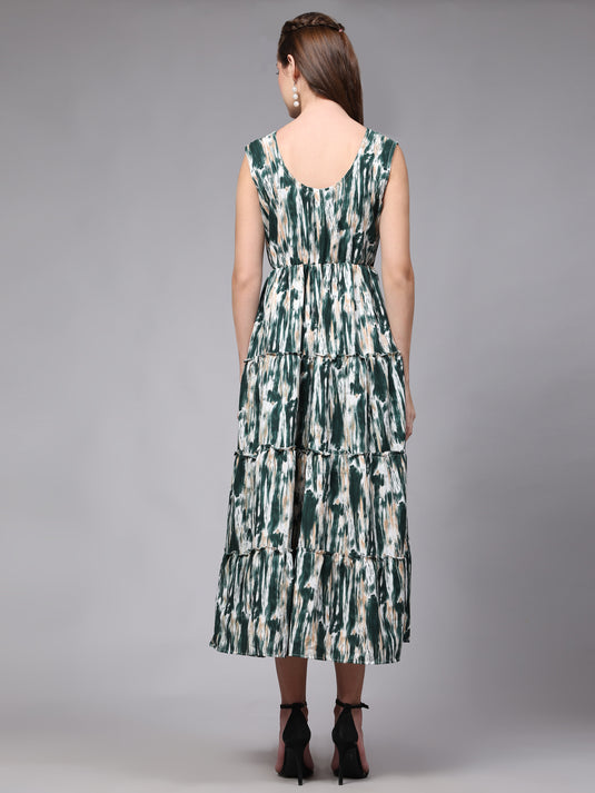 Tie Dyed Rayon Fancy Calf Length A-Line Sleeveless Dress For Women