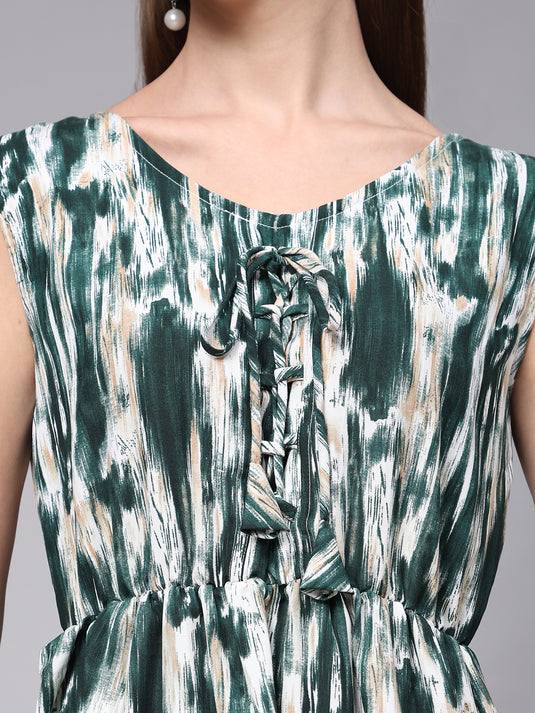 Tie Dyed Rayon Fancy Calf Length A-Line Sleeveless Dress For Women