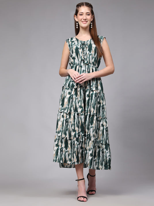 Tie Dyed Rayon Fancy Calf Length A-Line Sleeveless Dress For Women