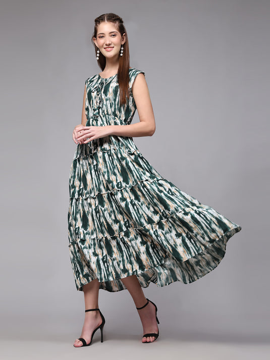 Tie Dyed Rayon Fancy Calf Length A-Line Sleeveless Dress For Women