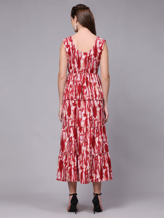 Tie Dyed Rayon Fancy Calf Length A-Line Sleeveless Dress For Women