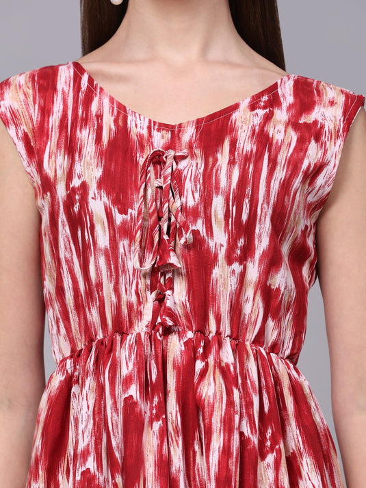 Tie Dyed Rayon Fancy Calf Length A-Line Sleeveless Dress For Women