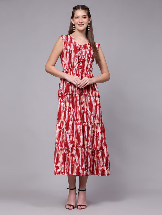 Tie Dyed Rayon Fancy Calf Length A-Line Sleeveless Dress For Women