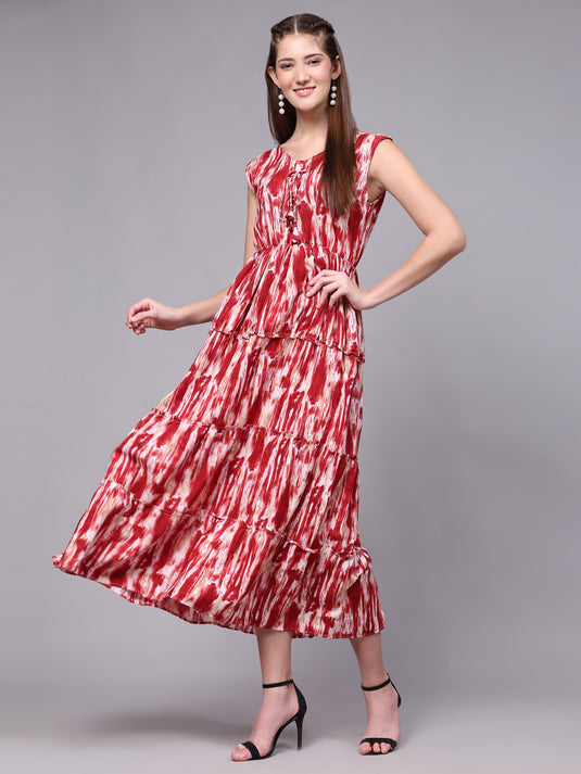 Tie Dyed Rayon Fancy Calf Length A-Line Sleeveless Dress For Women