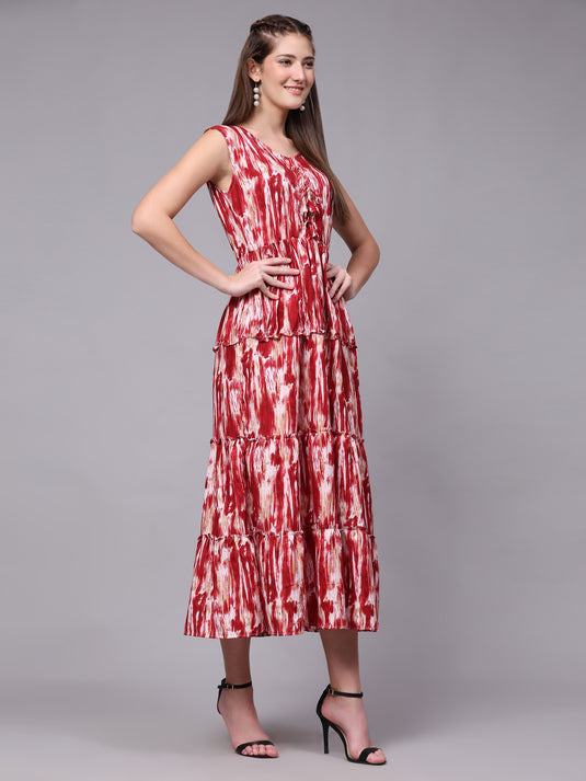 Tie Dyed Rayon Fancy Calf Length A-Line Sleeveless Dress For Women