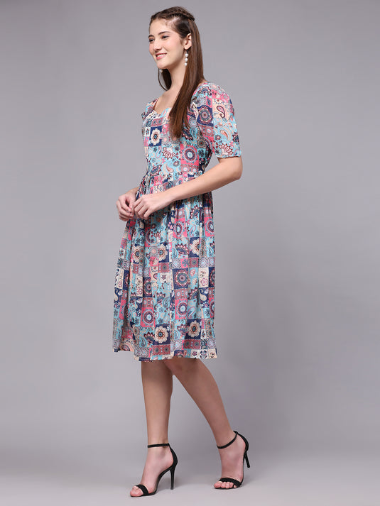 Georgette Abstract Knee Length A-Line Dress For Women