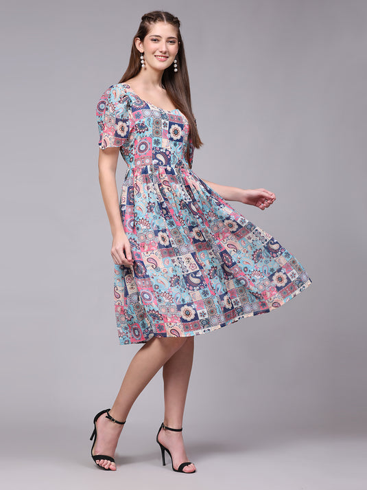 Georgette Abstract Knee Length A-Line Dress For Women