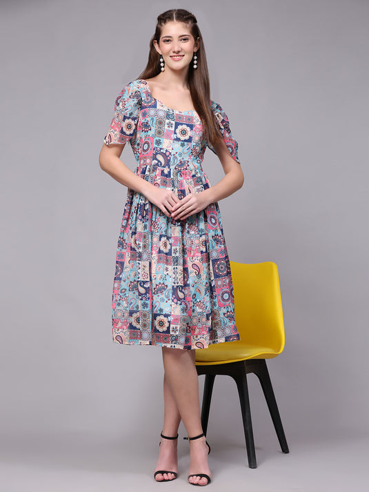 Georgette Abstract Knee Length A-Line Dress For Women