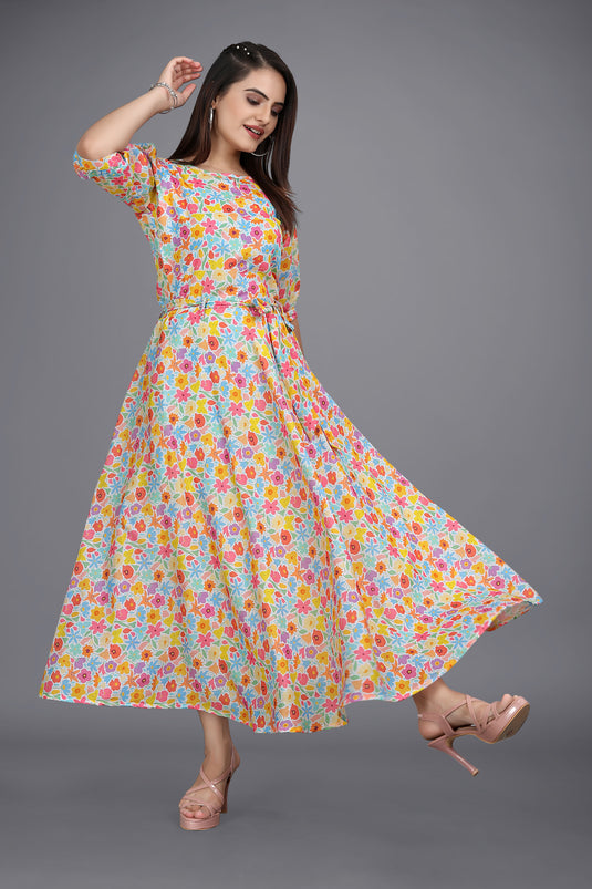 The Vendorvilla New Cambric Cotton Long Calf Length Printed Kurti - thevendorvilla