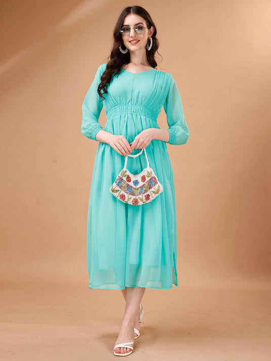 Chic Simplicity: Georgette Calf Length Dress with Elegant Side Slit - thevendorvilla