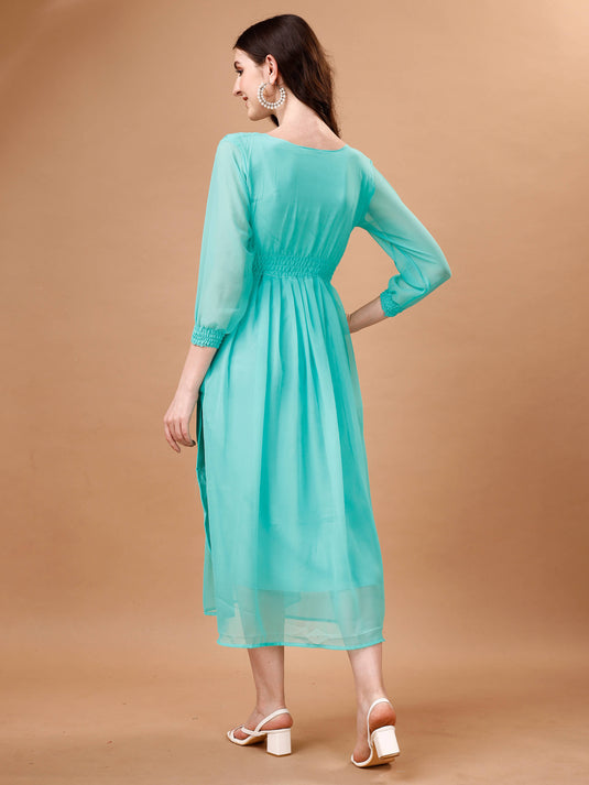 Chic Simplicity: Georgette Calf Length Dress with Elegant Side Slit - thevendorvilla