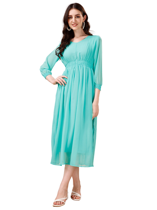 Chic Simplicity: Georgette Calf Length Dress with Elegant Side Slit - thevendorvilla