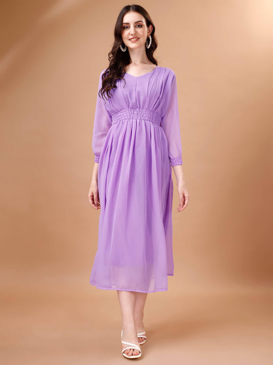 Chic Simplicity: Georgette Calf Length Dress with Elegant Side Slit - thevendorvilla