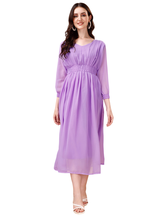 Chic Simplicity: Georgette Calf Length Dress with Elegant Side Slit - thevendorvilla