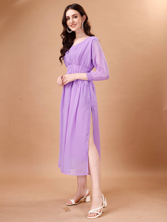 Chic Simplicity: Georgette Calf Length Dress with Elegant Side Slit - thevendorvilla
